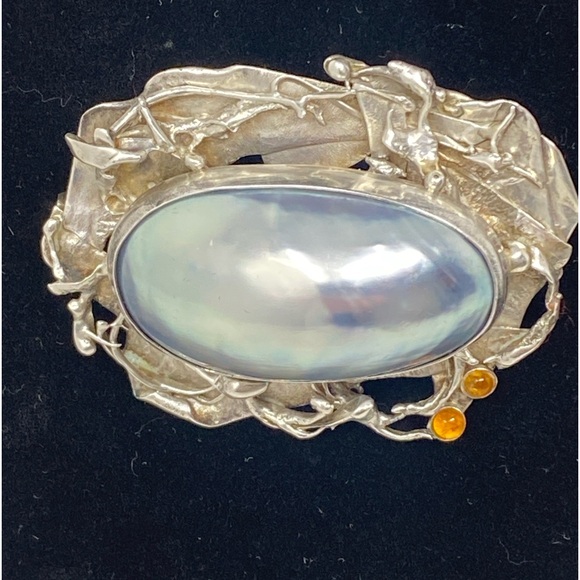 Antique 925 Sterling Silver brooch W/Mother Of Pearl And Amber - Picture 4 of 13